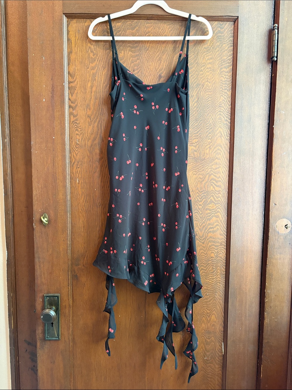 Evolutionary Black Cherry-Print Asymmetrical Slip Dress Size Medium